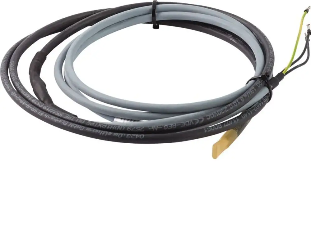 Schwarz-graues Kabel von Stiebel Eltron, bestehend aus zwei dicken Leitungen und drei dünnen Adern, mit Isolierung, Aufschrift "HZB-1, 232978".